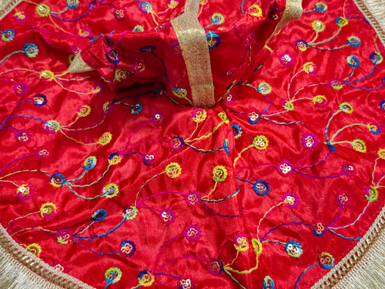 Bright Red Satin Poshak with Multicolor Embroidery & Golden Fringe