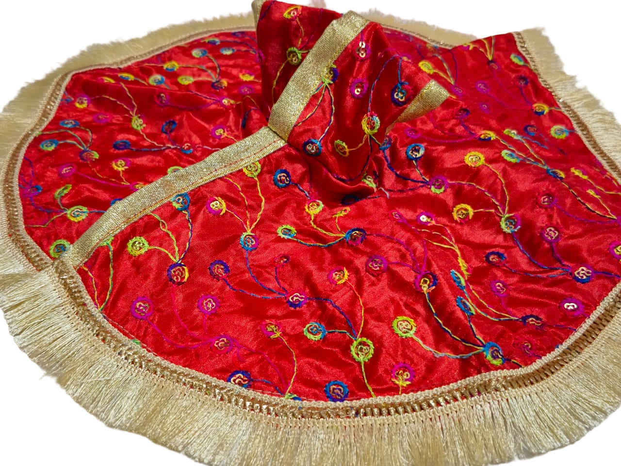 Bright Red Satin Poshak with Multicolor Embroidery & Golden Fringe