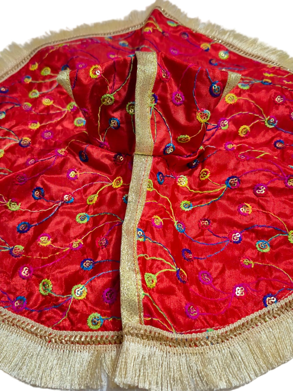 Bright Red Satin Poshak with Multicolor Embroidery & Golden Fringe