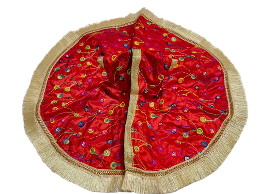 Bright Red Satin Poshak with Multicolor Embroidery & Golden Fringe