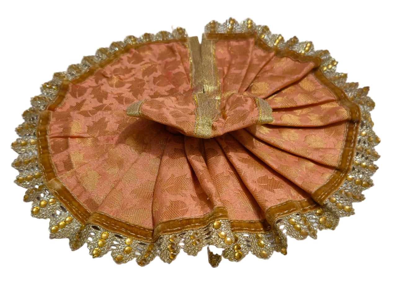 Elegant Peach Brocade Poshak with Ornate Golden Bead Border