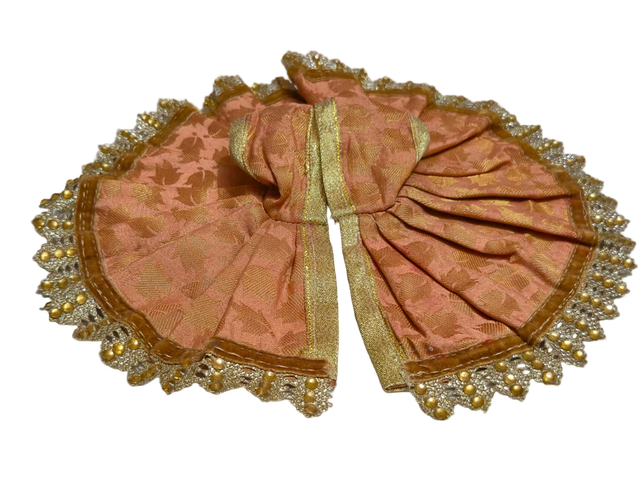 Elegant Peach Brocade Poshak with Ornate Golden Bead Border
