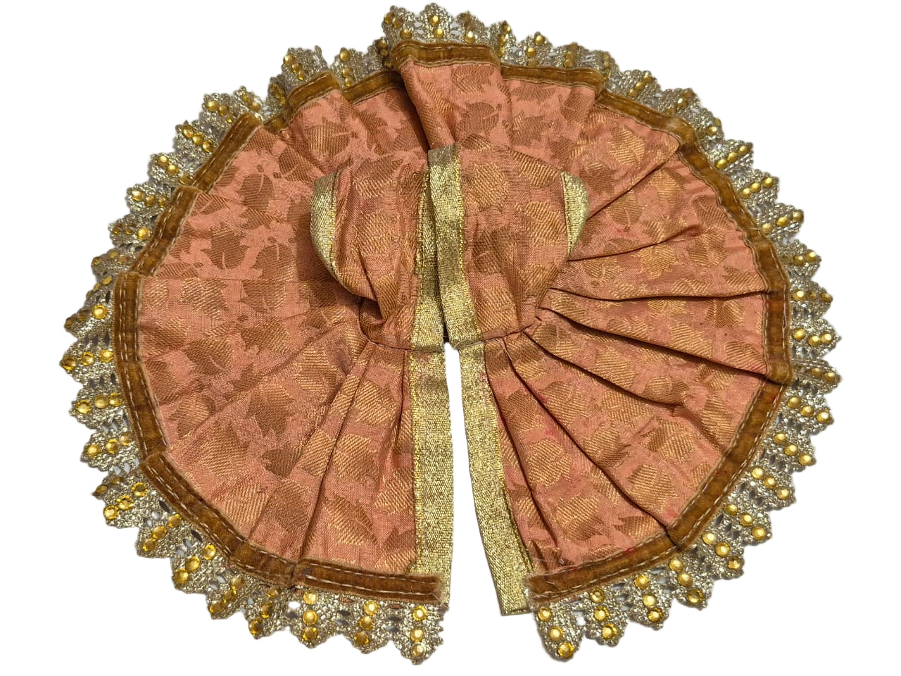 Elegant Peach Brocade Poshak with Ornate Golden Bead Border