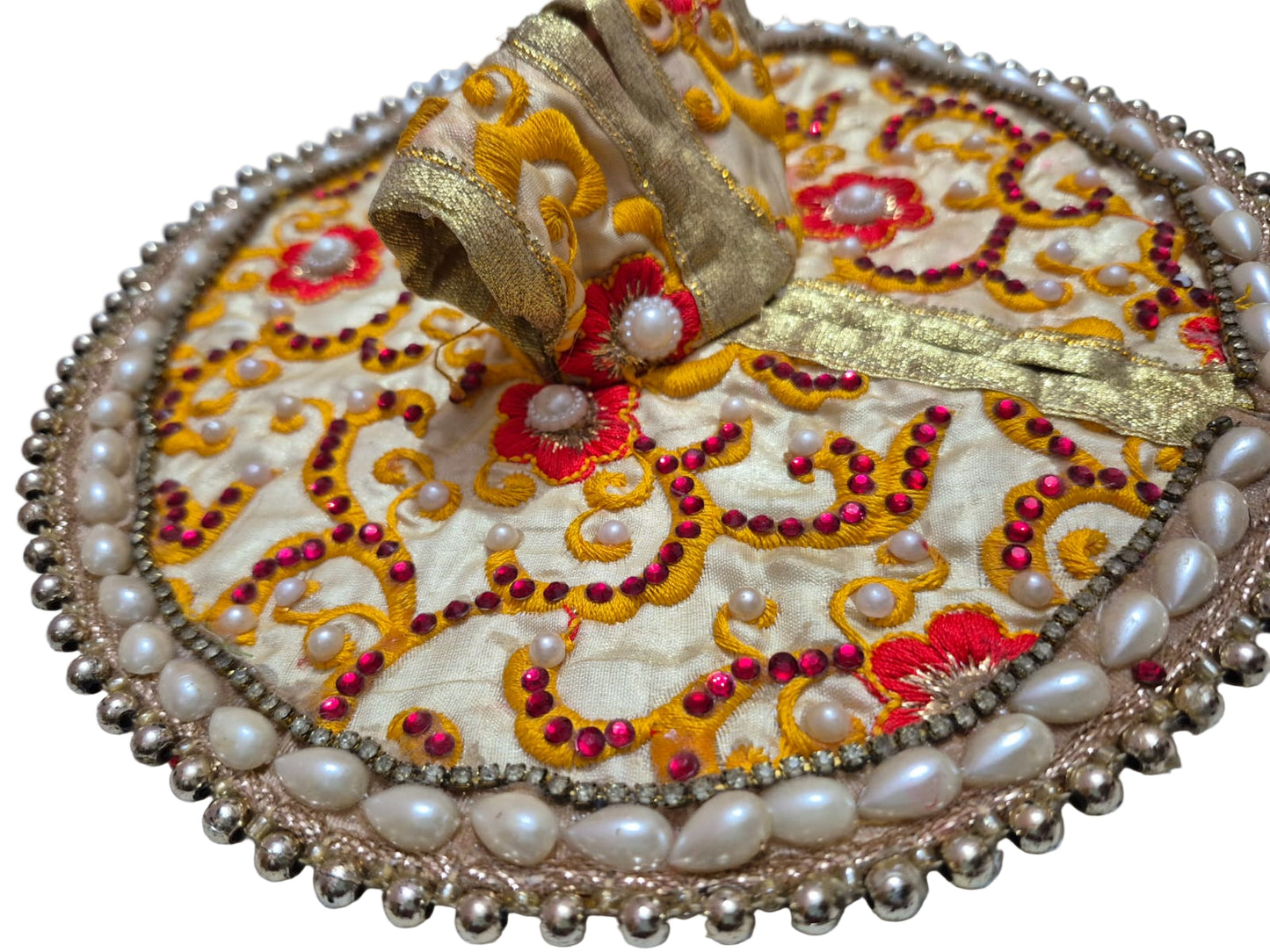Ornate Cream Silk Poshak with Pearl Border