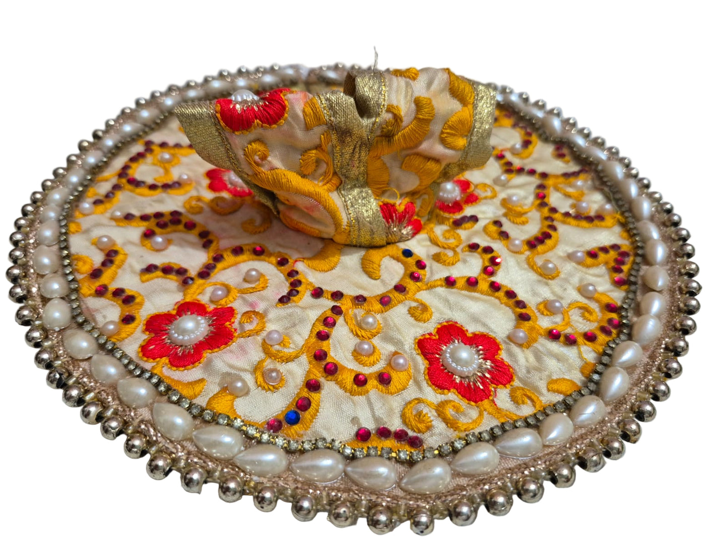 Ornate Cream Silk Poshak with Pearl Border