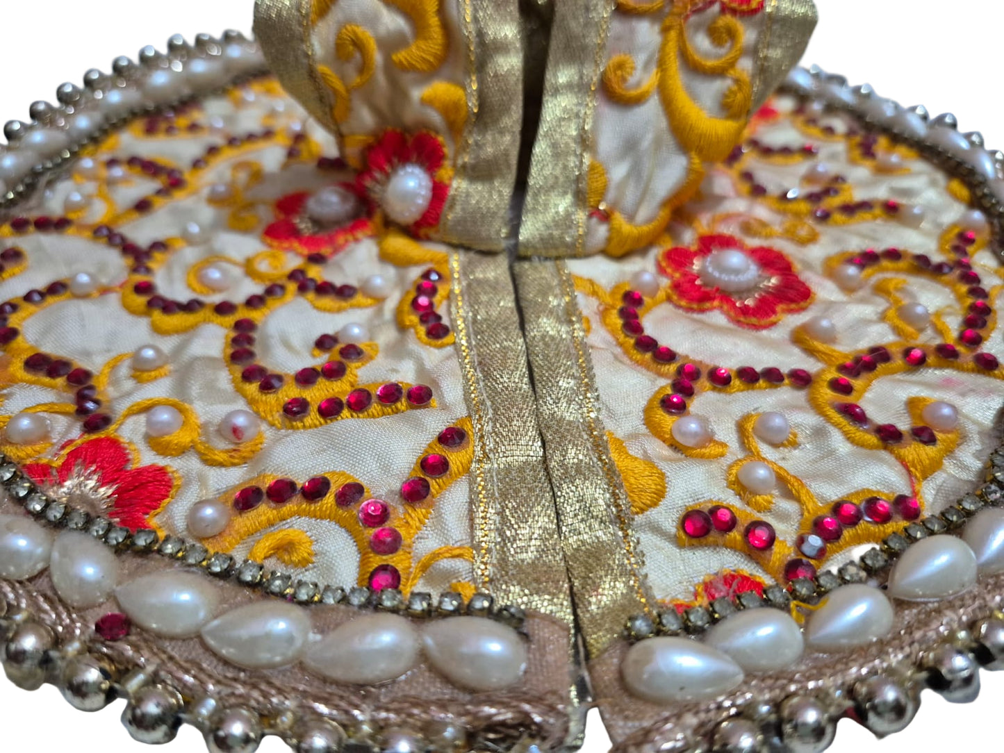 Ornate Cream Silk Poshak with Pearl Border
