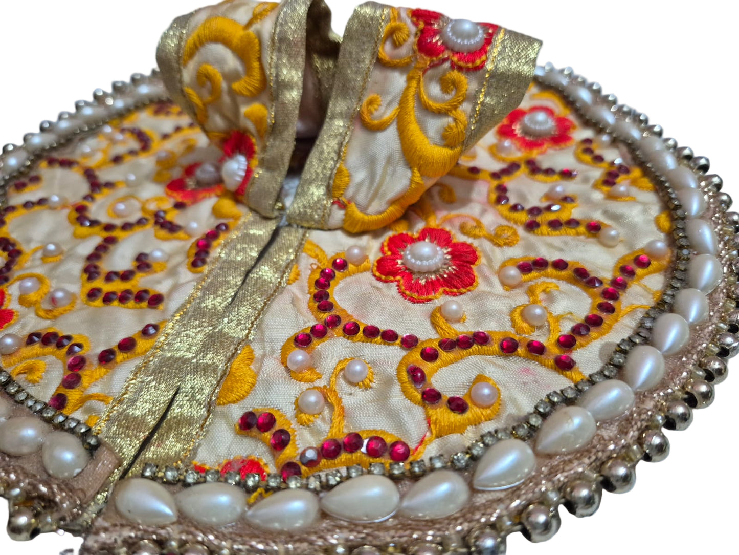 Ornate Cream Silk Poshak with Pearl Border