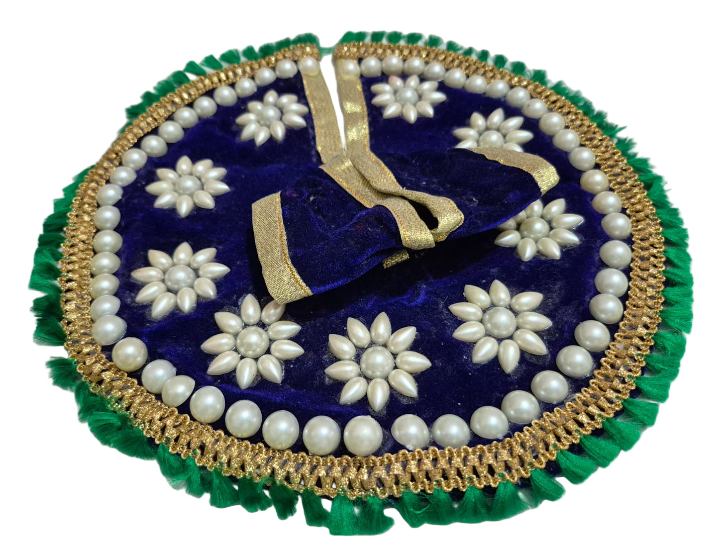 Royal Blue Velvet Poshak with Pearl Flower Motifs & Green Tassel Border