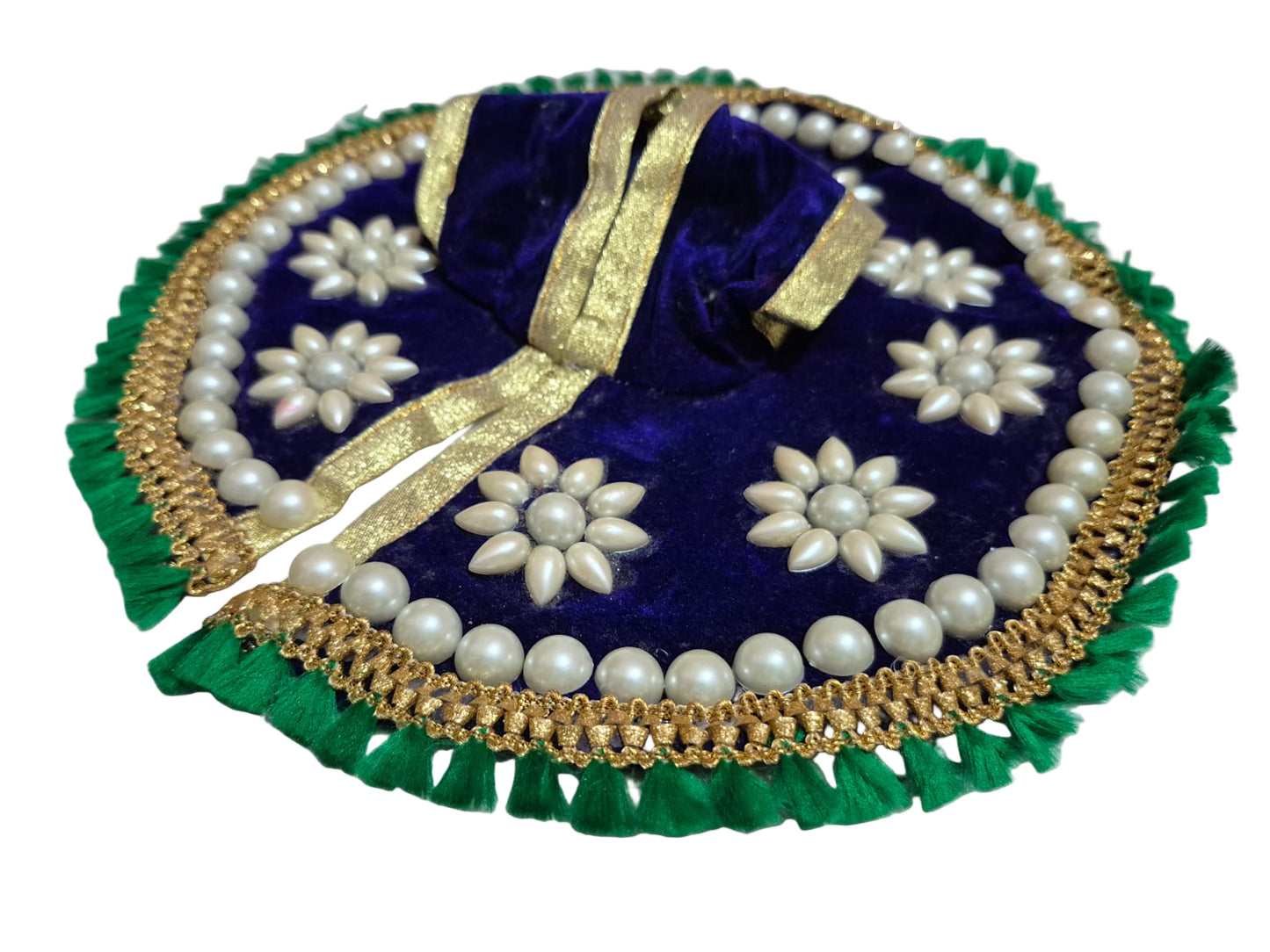 Royal Blue Velvet Poshak with Pearl Flower Motifs & Green Tassel Border