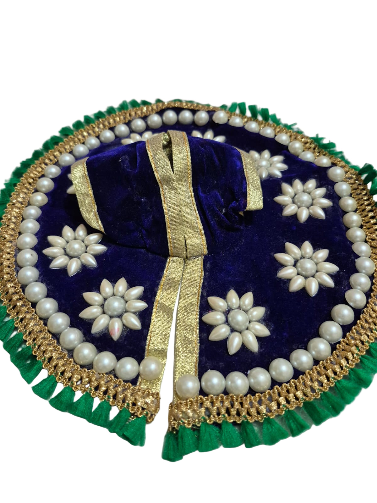 Royal Blue Velvet Poshak with Pearl Flower Motifs & Green Tassel Border