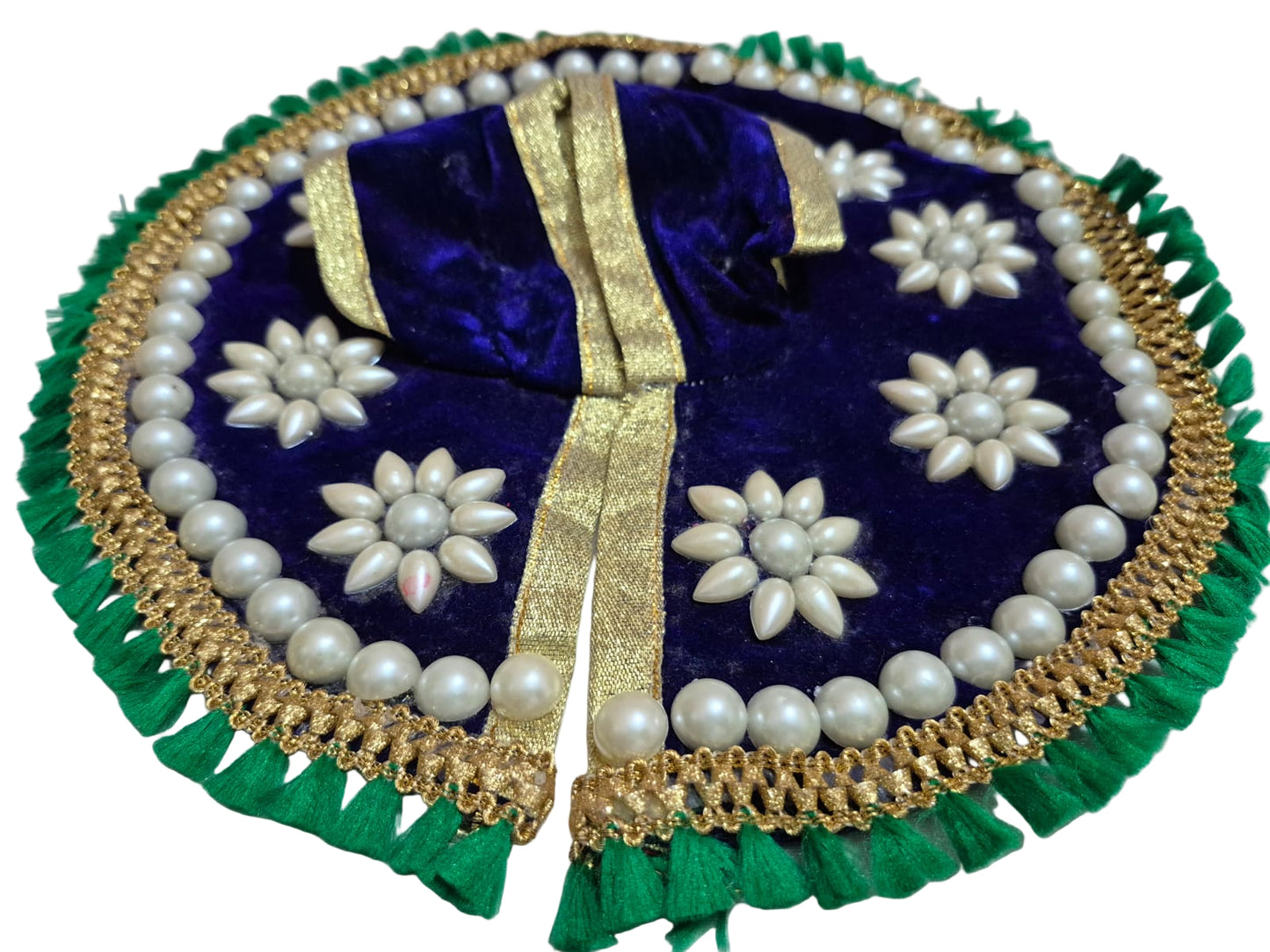 Royal Blue Velvet Poshak with Pearl Flower Motifs & Green Tassel Border