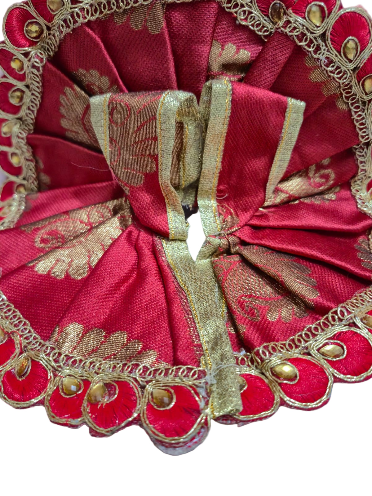 Red Brocade Poshak with Golden Bead Petal Border