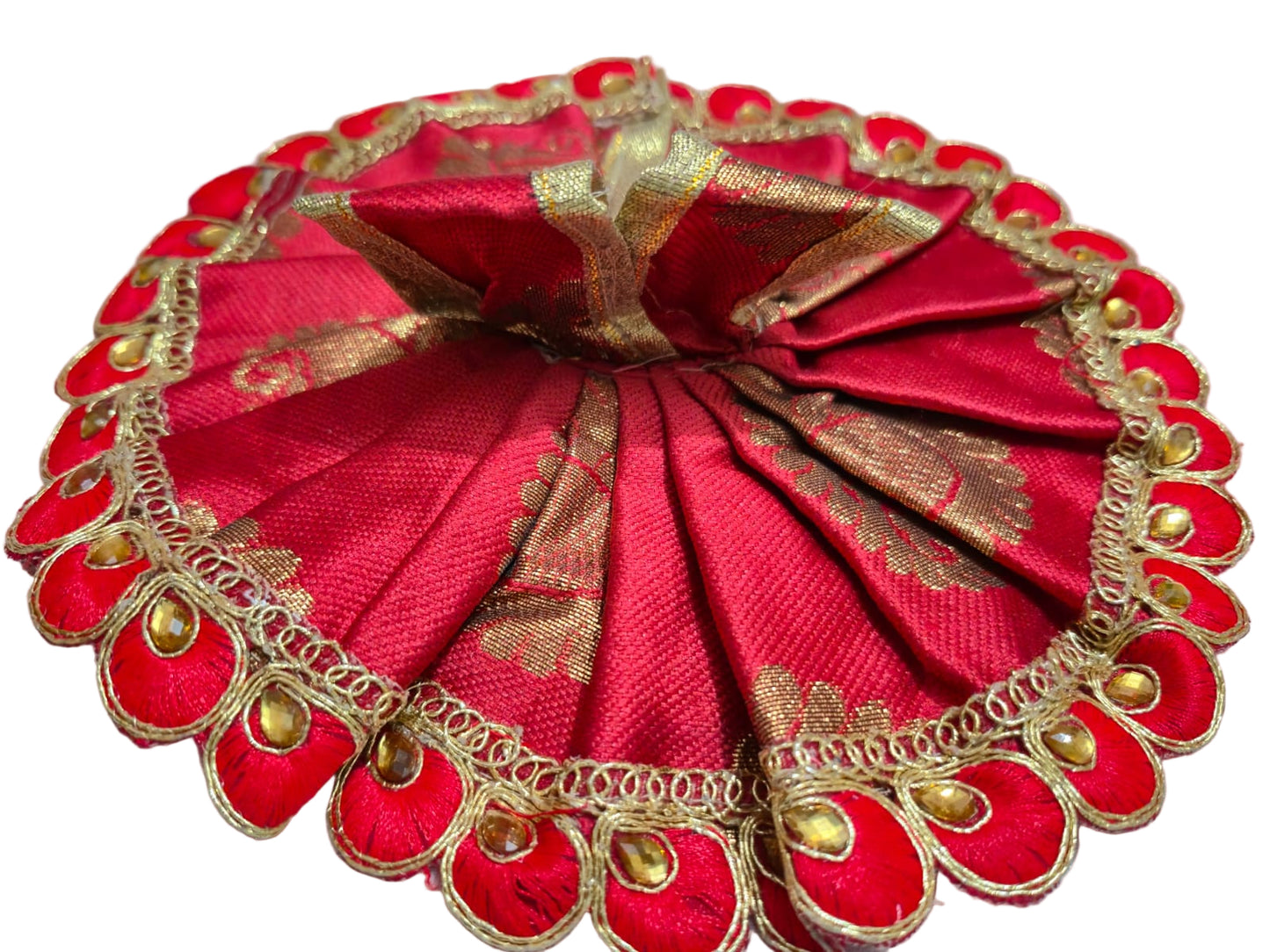 Red Brocade Poshak with Golden Bead Petal Border