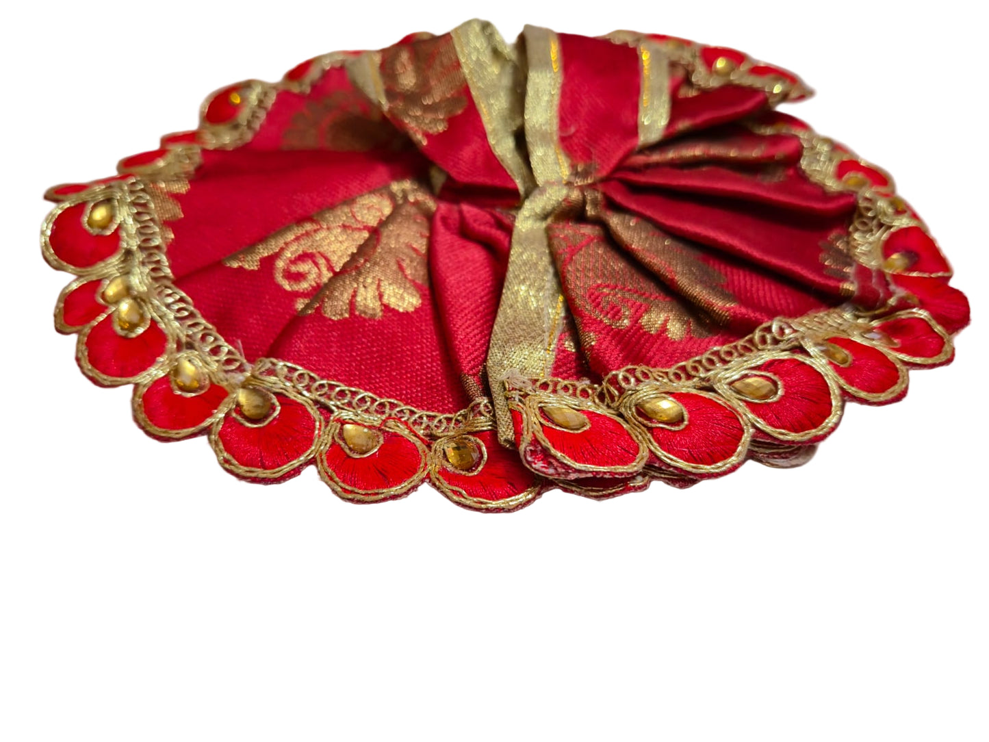 Red Brocade Poshak with Golden Bead Petal Border