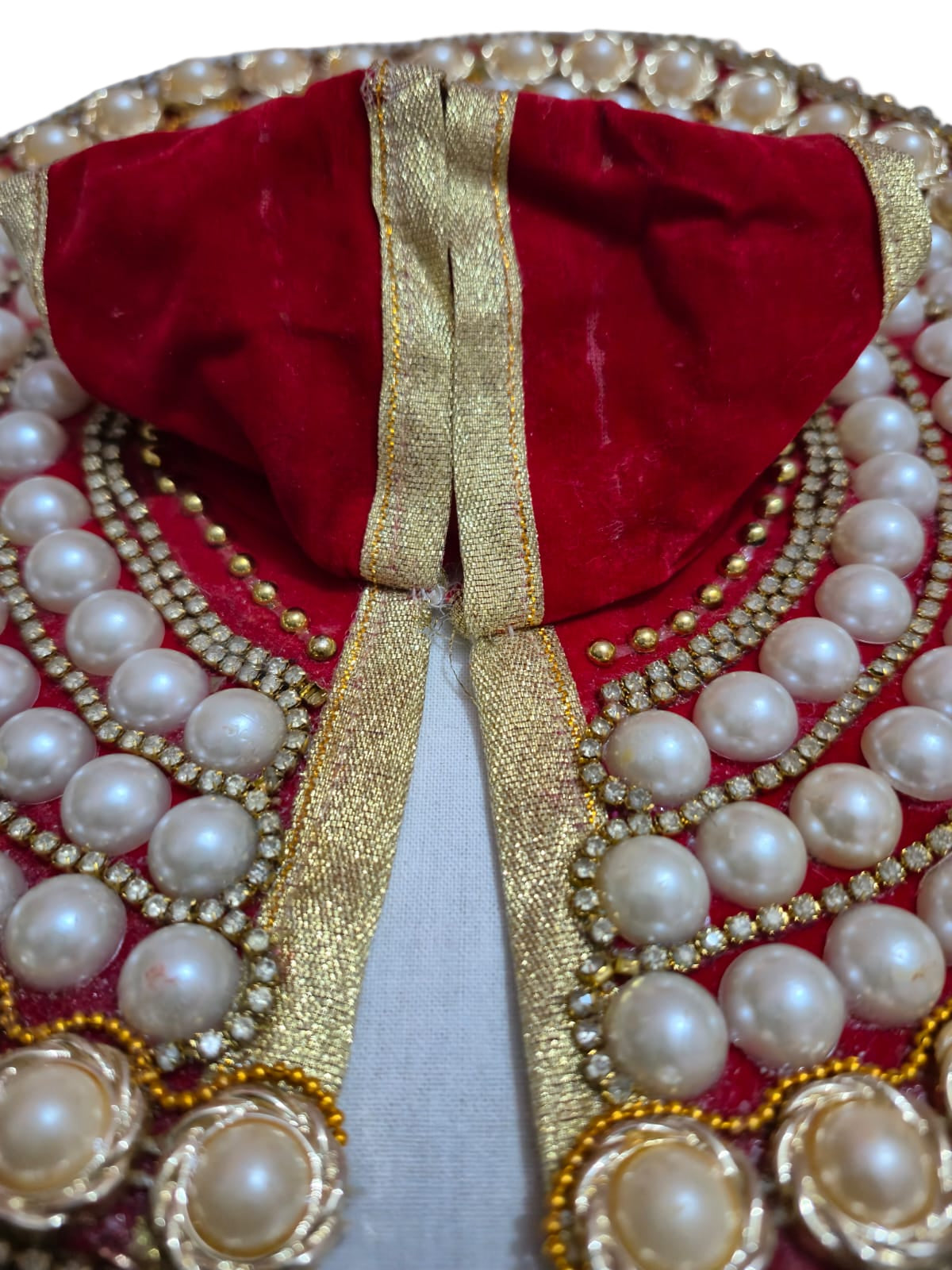 Opulent Red Velvet Poshak with Heavy Multi-Layer Pearl & Stone Work