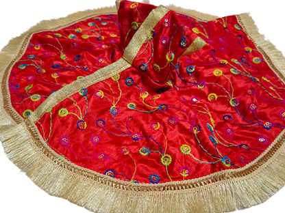 Bright Red Satin Poshak with Multicolor Embroidery & Golden Fringe