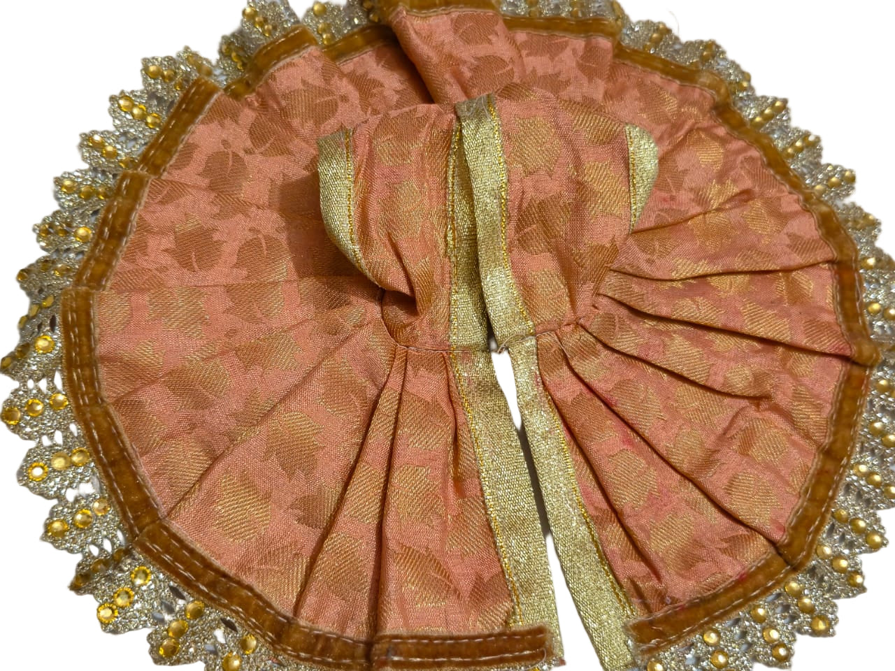 Elegant Peach Brocade Poshak with Ornate Golden Bead Border