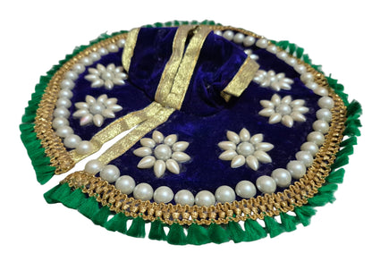 Royal Blue Velvet Poshak with Pearl Flower Motifs & Green Tassel Border