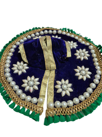 Royal Blue Velvet Poshak with Pearl Flower Motifs & Green Tassel Border